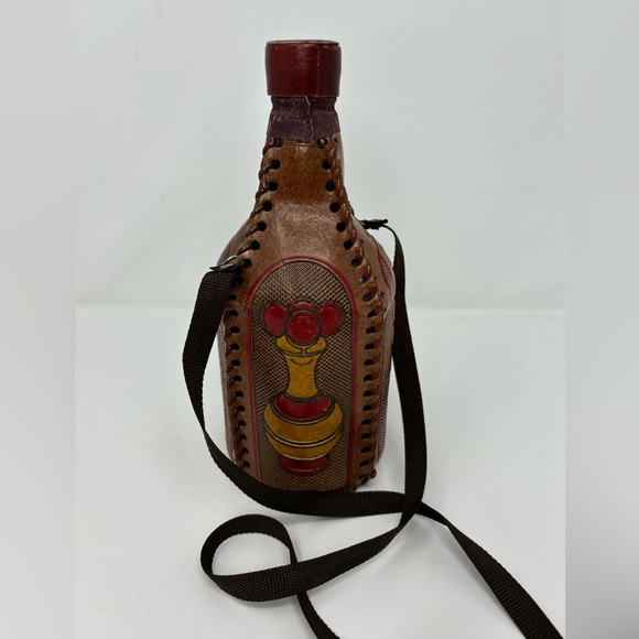 Vintage Columbia Decanter Leather Hand Tooled Empty Bottle Flask With Cap Strap - Picture 5 of 16
